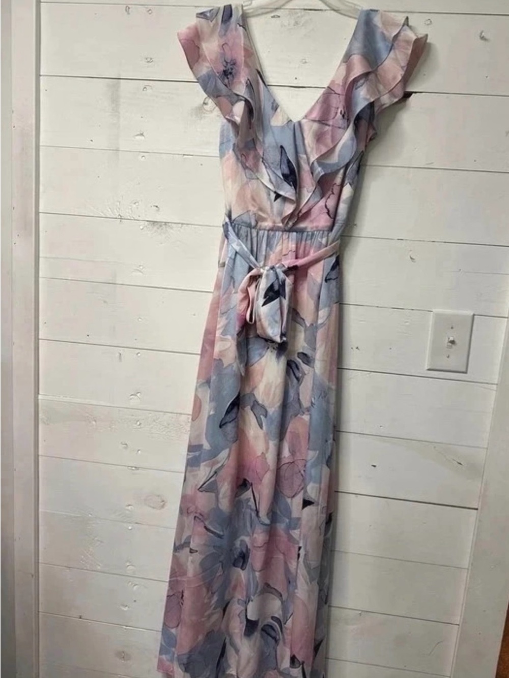 DKNY NWOT Floral Lined Maxi Dress Size 12 Pink Blue Cream Ruffle Chiffon